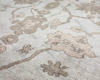 Handgeknoopt beige oushak-wollen vloerkleed | Neutraal crèmekleurig tapijt in Turkse stijl | Zacht traditioneel handgemaakt vloerkleed voor woonkamerdecoratie