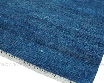 Hand Knotted Solid Blue Wool Rug | Deep Navy Area Carpet | Minimal Modern Handmade Rug for Living Room Bedroom Home Decor