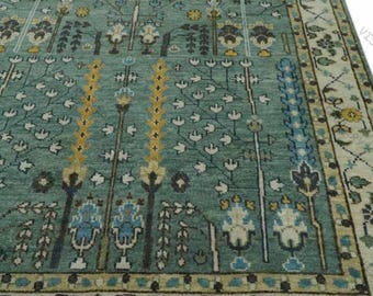 Hand Knotted Teal Oushak Wool Rug | Aqua Floral Turkish Style Carpet | Traditional Handmade Area Rug for Living Room & Bedroom Decor