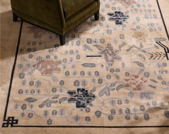 Hand Knotted Art Deco Chinese Rug | Beige Floral Wool Carpet | Vintage Style Oriental Area Rug for Living Room Bedroom Home Decor