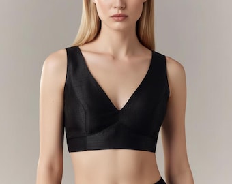 Black Raw Silk Saree Blouse, Deep V-Neck with Elastic Back, Sleeveless Party Top