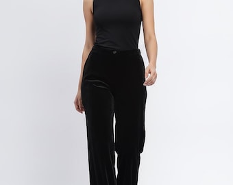 Black Velvet Solid Trouser, Half Elastic Waist, Office Wear, Casual