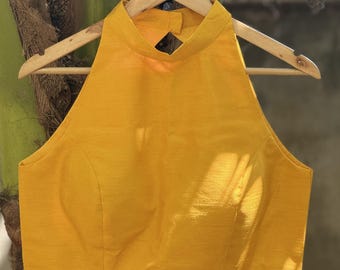 Yellow Raw Silk Halter Neck Blouse, Key-Hole Back, Sleeveless Party Top