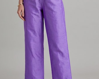 Light Purple Raw Silk Wide Leg Trousers, Half Elastic Waist, Palazzo Pants, Office Wear