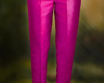 Pantaloni in seta grezza rosa shocking, vita semi-elastica, cerniera laterale, abbigliamento da ufficio