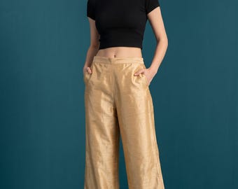 Goldene Rohseidenhose mit weitem Bein, halbelastischem Bund, Palazzo-Hose, Bürokleidung