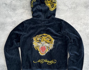 Sudadera con capucha y cremallera para mujer con estampado de tigre y terciopelo Ed Hardy con logotipo de diamante