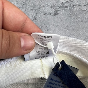 Puede incluir: Primer plano de una etiqueta de ropa con la palabra "CONTENTS" y detalles de la composici&oacute;n de la tela: 60% poli&eacute;ster, 40% otros. La etiqueta est&aacute; sujeta a una prenda blanca y gris. Texto adicional en una etiqueta azul oscuro.