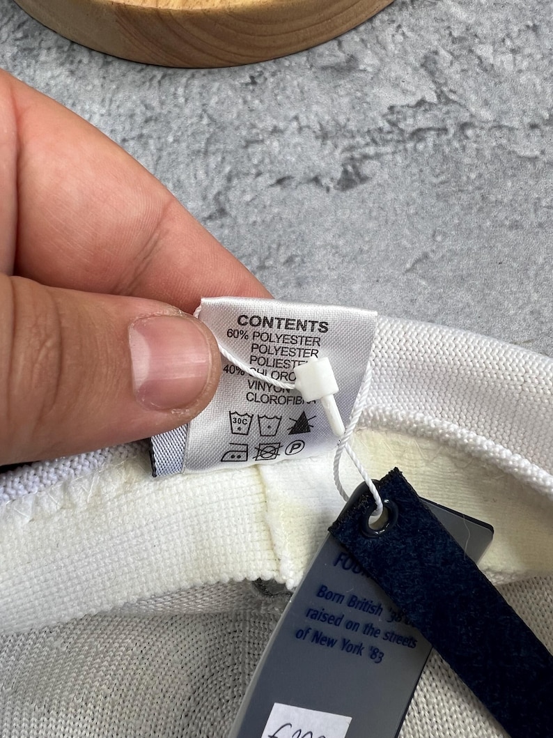 Puede incluir: Primer plano de una etiqueta de ropa con la palabra "CONTENTS" y detalles de la composici&oacute;n de la tela: 60% poli&eacute;ster, 40% otros. La etiqueta est&aacute; sujeta a una prenda blanca y gris. Texto adicional en una etiqueta azul oscuro.