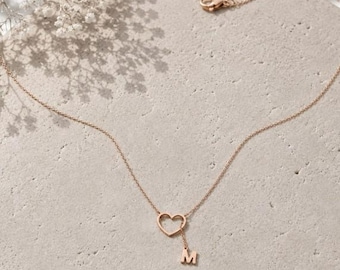 Initial Heart Necklace, Personalized Letter Necklace, Women Heart Necklace, 14K Gold Plated Initial Jewelry, Necklace Gift for Her