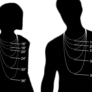 Op de afbeelding: Een zwart-wit illustratie met verschillende kettinglengtes op silhouetten. De kettingen worden gemeten in inches, vari&euml;rend van 16" tot 36". De afbeelding is bedoeld om klanten te helpen de lengtes te visualiseren.