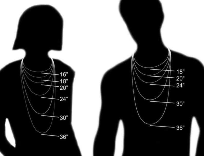 Op de afbeelding: Een zwart-wit illustratie met verschillende kettinglengtes op silhouetten. De kettingen worden gemeten in inches, vari&euml;rend van 16" tot 36". De afbeelding is bedoeld om klanten te helpen de lengtes te visualiseren.