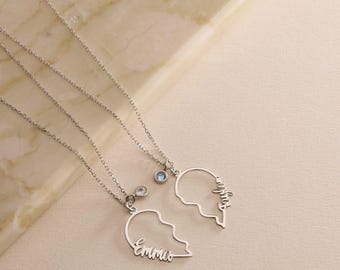 Custom Best Friend Necklace Set, Personalized Split Face Silhouette Pendant, Name Necklace With Birthstone, Matching Couple Gift Jewelry