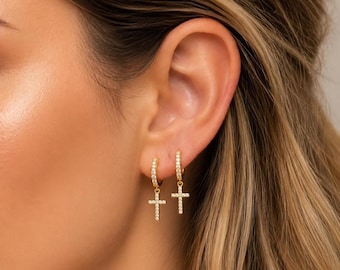 18K Gold Cross Earrings, Dainty Religious Earrings, Christian Earrings Gift, Christmas Earrings Gift, Earrings Gift for Her, Faith Earrings