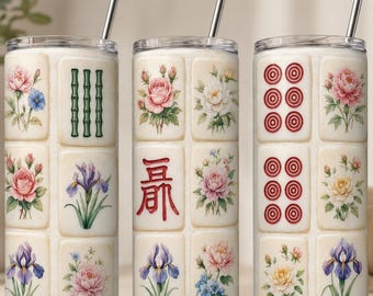 Illustrazione digitale per bicchiere Mahjong con motivo floreale vintage, formato PNG, piastrelle ad acquerello, design per sublimazione, download digitale.