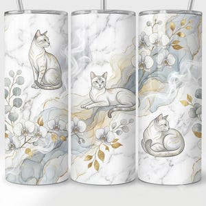 Elegant marmororkidékatt 20oz smal tumblerwrap PNG sofistikerad blommig sublimeringsdesign elegant internationell kattdag presentdesign endast