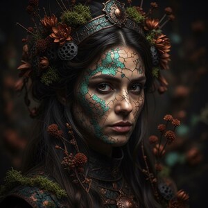 Op de afbeelding: Een portret van een vrouw met donker haar en een serieuze uitdrukking. Ze draagt een decoratieve kroon en heeft groene, gebarsten, aarde-achtige make-up op haar gezicht. De afbeelding heeft een donkere, melancholische esthetiek met bloem- en natuurlijke elementen.