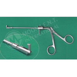 May include: A stainless steel surgical instrument with a scissor handle and a long, thin shaft. The instrument has a curved tip and is designed for medical use. The handle is marked with the text "ENT-335015".