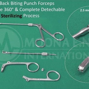 May include: A collection of surgical instruments, including forceps and punches, is presented on a green background. The instruments are crafted from silver metal and are designed for medical use. The image includes text that reads "Antrum Back Biting Punch Forceps" and "2.5 mm Punch".