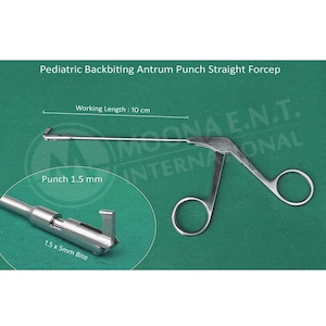 May include: A stainless steel pediatric backbiting antrum punch straight forceps. The working length is 10 cm. The punch size is 1.5 mm with a 1.5 x 5mm bite. The tool is designed for medical procedures.
