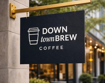 Peut inclure: Un panneau rectangulaire noir pour "Down Town Brew Coffee" est suspendu à un support en métal doré. Le panneau présente un dessin de tasse à café blanche et du texte blanc. Le panneau est monté sur un mur en pierre, avec un arrière-plan flou.