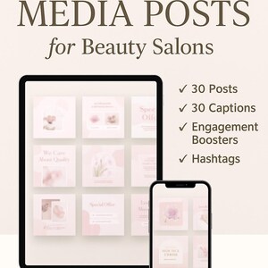 Peut inclure: Un produit de marketing numérique pour les salons de beauté est affiché sur une tablette et un smartphone. Le texte indique "30 Publications de médias sociaux pour les salons de beauté". Le produit comprend 30 publications, des légendes, des boosters d'engagement et des hashtags.