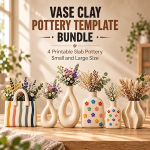 Könnte beinhalten: Eine digitale Grafik mit dem Titel VASE CLAY POTTERY TEMPLATE BUNDLE 4 Printable Slab Pottery Small and Large Size, die sechs Keramikvasen in verschiedenen Formen und Farben zeigt, darunter eine gestreifte Handtaschenvase und blumige Gefäße.