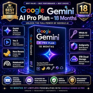 Gemini AI Pro, 18 Month Full Year Personal Access, Instant Delivery, AI Software, Digital Tool, Productivity Boost Tech Access, Personal Use