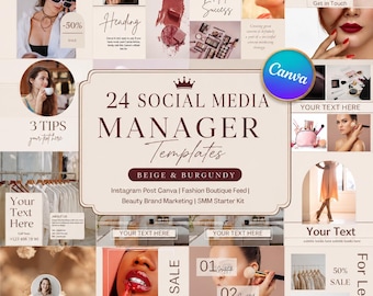 Social Media Templates Canva | Beige Maroon Instagram Posts | Beauty & Boutique Content Kit | Editable SMM Pack for Small Business digital