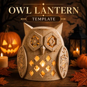 May include: A beige, geometric owl lantern with cut-out diamond and hexagonal patterns. The lantern features pointed ears and a central beak. The text "OWL LANTERN TEMPLATE" is displayed in large, bold, light-colored letters above the object.