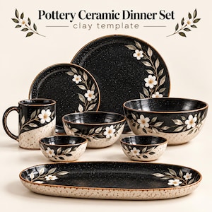 May include: A pottery ceramic dinner set featuring a black and cream speckled finish with white floral branch patterns. The set includes a large plate, a smaller plate, a mug, two small bowls, a large bowl, and an oval platter with the text Pottery Ceramic Dinner Set clay template.