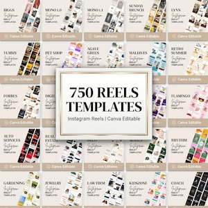 Puede incluir: Un conjunto de 750 plantillas de Instagram Reels, editables en Canva, con varios temas como Biggs, Mono, Sunday Brunch, Yummy, Pet Shop, Forbes, Auto Services, Real Estate, Gardening, Jewelry, Law Firm, Kidszone y Coach. Se muestran en una cuadrícula.