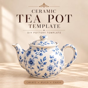 May include: A white ceramic teapot with a blue floral pattern, featuring a lid, curved handle, and spout. The text CERAMIC TEA POT TEMPLATE DIY POTTERY TEMPLATE and CREATE BUILD ENJOY are displayed above and below the teapot respectively.