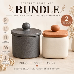 Puede incluir: Un paquete de plantillas digitales de cerámica que incluye una mantequera gris oscuro moteada con tapa redonda y un tarro cuadrado color crema con tapa color terracota. El texto incluye POTTERY TEMPLATE BUNDLE, 2 TEMPLATES INCLUDED y PRINT CUT BUILD.