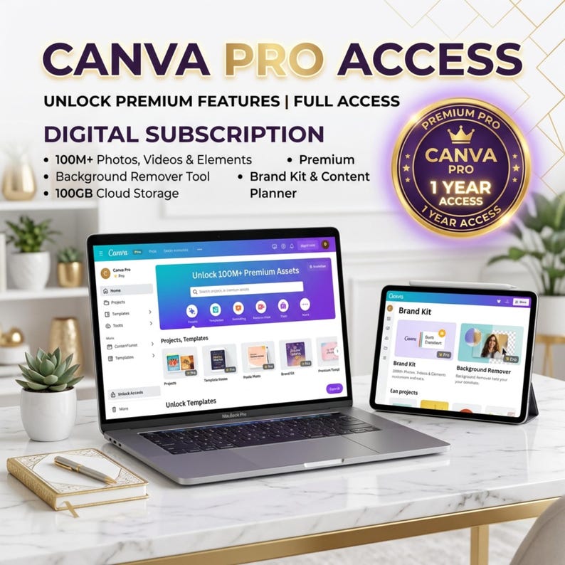 May include: A digital Canva Pro subscription advertisement featuring a laptop and tablet displaying the Canva interface. Text includes CANVA PRO ACCESS, UNLOCK PREMIUM FEATURES, 100M+ Photos, Videos & Elements, Background Remover Tool, and 100GB Cloud Storage.
