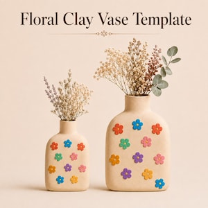 Könnte beinhalten: Zwei beigefarbene Tonvasen in verschiedenen Größen, jeweils verziert mit kleinen, bunten fünfblättrigen Blumen in Blau, Orange, Pink, Grün, Lila und Gelb. Der Text Floral Clay Vase Template ist über den Vasen zu sehen.