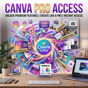May include: A digital graphic displaying CANVA PRO ACCESS with text including UNLOCK PREMIUM FEATURES, CREATE LIKE A PRO, and INSTANT ACCESS. A central Canva Pro logo is surrounded by floating templates, icons, and labels like 100M+ ASSETS, BG REMOVER, PREMIUM FONTS, and BRAND KIT.