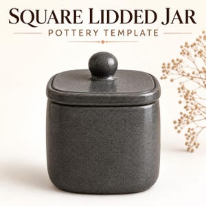 May include: A dark gray square lidded jar with a smooth, speckled finish and a rounded knob handle on the lid. The text SQUARE LIDDED JAR POTTERY TEMPLATE is printed above the jar in black, serif and sans-serif fonts against a light background.