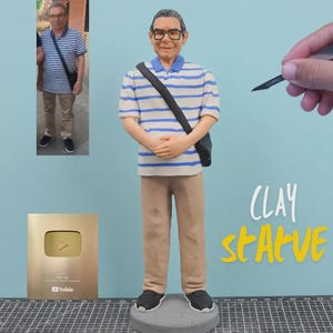 May include: A clay sculpture of a man wearing glasses, a striped polo shirt, and khaki pants. The sculpture is standing on a gray base. A small photo of the man is in the background, along with a gold plaque and the words "Clay Statue".