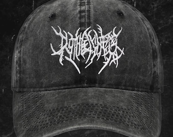 Washed Goth Cap – Embroidered Black Metal Logo Hat - Grunge Distressed Adjustable Alt Streetwear