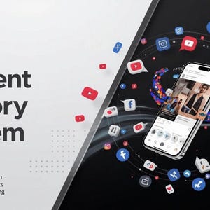 Op de afbeelding: Een digitale afbeelding die een "Content Factory System" promoot met een smartphone die een social media post weergeeft, omringd door social media iconen. Tekst bevat "35 AI prompts", "30-daags contentplan" en "Hashtag strategie".