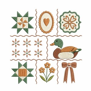Diseño de bordado para bloque de colcha estilo cottagecore: pato ánade real, patchwork floral y archivo de bordado a máquina con lazo.