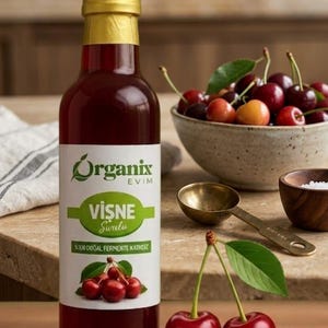 Può includere: Una bottiglia di succo di ciliegia con tappo dorato ed etichetta "Organix Evim Vişne Surubu". Sono visibili anche una ciotola di ciliegie, un piccolo cucchiaio di ottone e due ciliegie fresche.