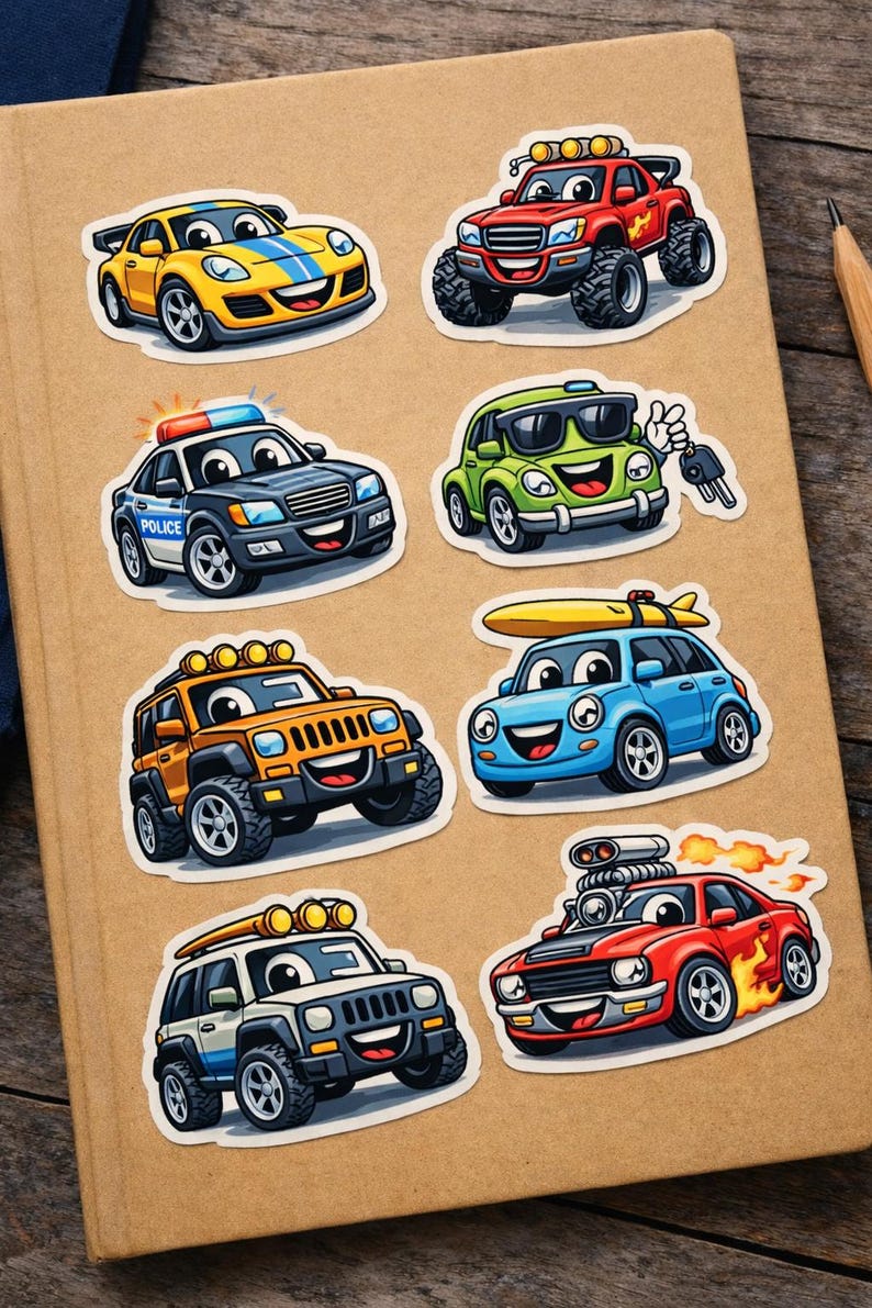 Playful Cartoon Car Character Sticker — Circular Vinyl for Laptops ...