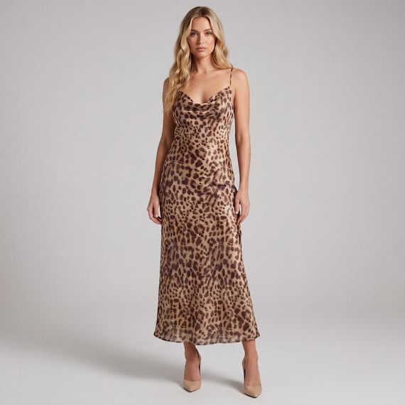animal print slip dress midi Cognac Leopard Print Sleeveless Midi Slip Dress