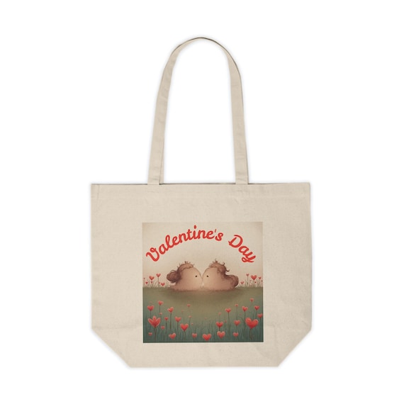 Valentine's Day Hedgehogs Canvas Tote | Romantic Heart Flower Meadow