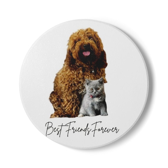 Best Friends Forever dog and cat Ceramic Coaster | Pet friendship illustration