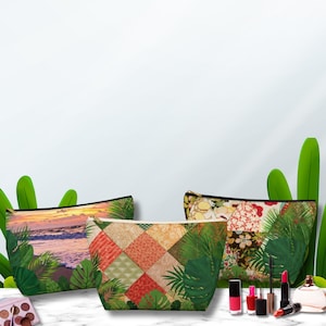 Tropical Patchwork Cosmetic Bag Set, Pencil Case  Sunset Beach Floral Pouch Organizer