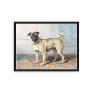 May include: A framed art print featuring a painting of a fawn-colored pug with a black muzzle and a curled tail. The dog stands on a patterned rug with blue and orange geometric shapes, set against a light-colored wall with a blue decorative panel.