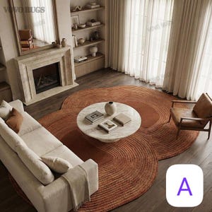 May include: A living room with a rust-coloured, circular rug. A white sofa with cushions and a marble coffee table with books and a vase are in the centre. A leather armchair is nearby. The room has a fireplace and shelves.
